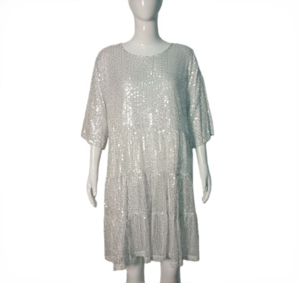 Women's Loose Fit Round Neck Short Sleeve Sequin Glitter Mini Dress – Party Evening Gown_ecoleips.com