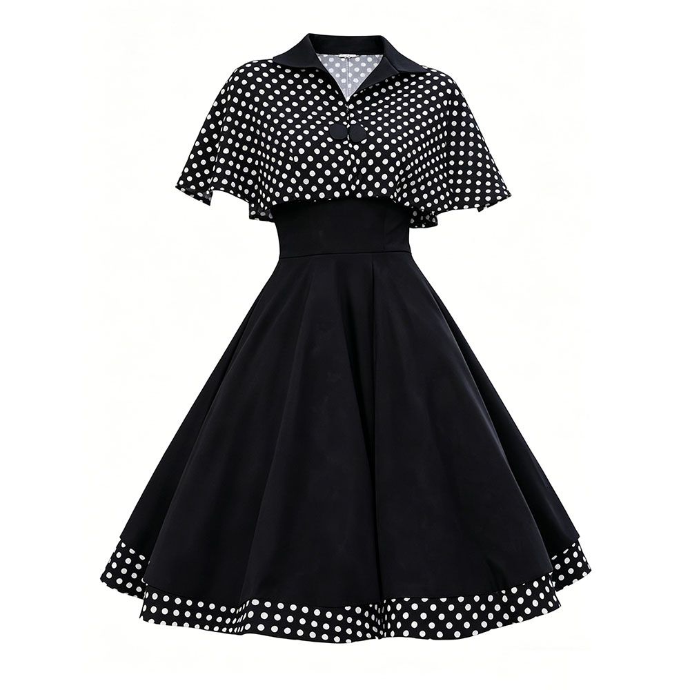 Women's Vintage Houndstooth Capelet A-Line Dress Retro 1950s Swing Dress With Cape For Party &Cocktail_ecoleips.com