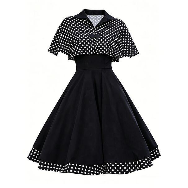 Women's Vintage Houndstooth Capelet A-Line Dress Retro 1950s Swing Dress With Cape For Party &Cocktail_ecoleips.com