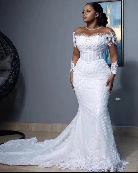 Women's Clothing Fishtail Wedding Dress Lace Long Sleeved Dress With Tail Bride Autumn_ecoleips.com
