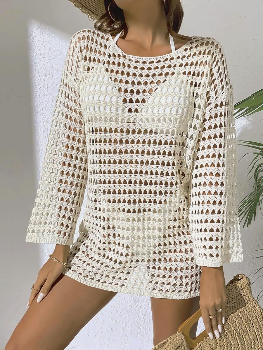 Women's Clothing Sexy Knitted Hollow Pullover Round Neck Long Sleeved Bikini Swimsuit Blouse_ecoleips.com