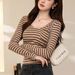 2025 #Pure Cotton Premium # Striped T-Shirt Women's Long Sleeved 2025 Autumn New Item U-Neck Spicy Girl Slim Fit Base Shirt_ecoleips.com
