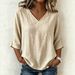 Women's Casual Loose V Neck Top Bamboo Cotton Mid Sleeve Fashion Top For Europe And America 2026_ecoleips.com