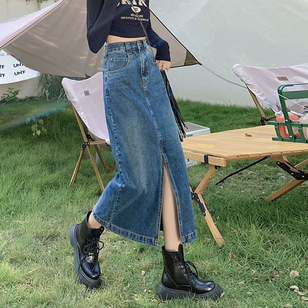 Verve Front Slit Denim For Women A-line Shape Covering Small Crowd Mid-length Ins Style High Waist Bodycon Skirt Trendy_ecoleips.com