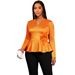 3D Floral V-Neck Blouse – Elegant Ruffled Hem & Waist-Defining Long Sleeve Top For Office To Evening_ecoleips.com