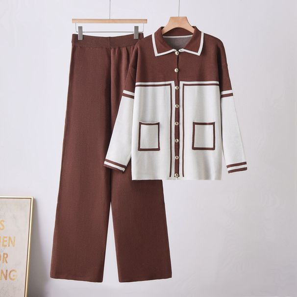 Women's Loose Knitted Cardigan And Pants Set Color Block Lapel Fashion Casual Two Piece Outfit European American Style Autumn Winter New Arrival_ecoleips.com