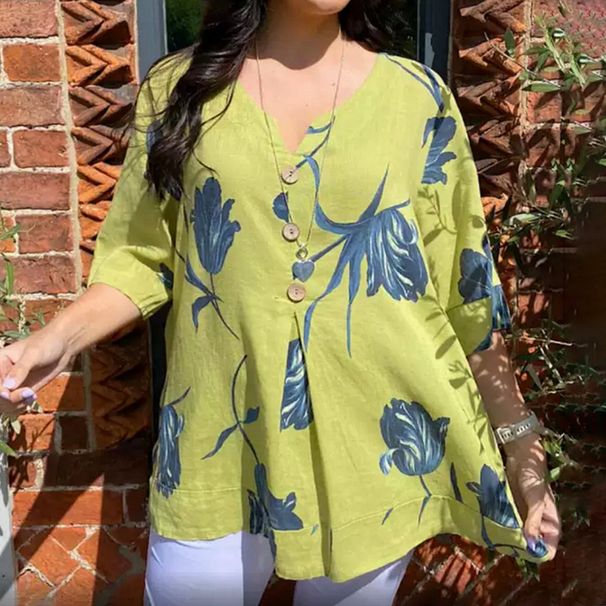 Women's Clothing Printed Cotton And Linen V Neck Short Sleeved Pullover Shirt Shirt Spring And Summer Casual Women's Wear_ecoleips.com