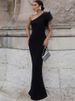 K New Pure Color Dress With High-end Temperament, Feather Shoulder Splicing, Slim And Slim Long Evening Dress For Women_ecoleips.com