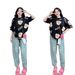 Bear Print Short Sleeve & Faux Denim Print Pants Set - Loose Fit Two Piece Outfit For Women Comfortable Loose Fit_ecoleips.com