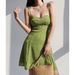 Women's Clothing Girl Shoulder Tie Green Print Suspender Dress Summer Waist Slimming A Line Skirt_ecoleips.com