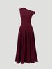 Women OneShoulder Sleeveless Burgundy Ruched FittedWaist Midi Dress Elegant Glam DateNight Summer WeddingGuest Cocktail Stretchy_ecoleips.com