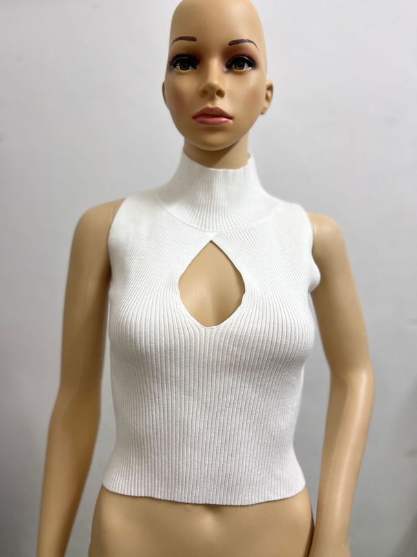 Women's Clothing Women's Autumn New High Neck Sleeveless Chest Hollow Design Knitted Fabric Threaded Short Vest_ecoleips.com