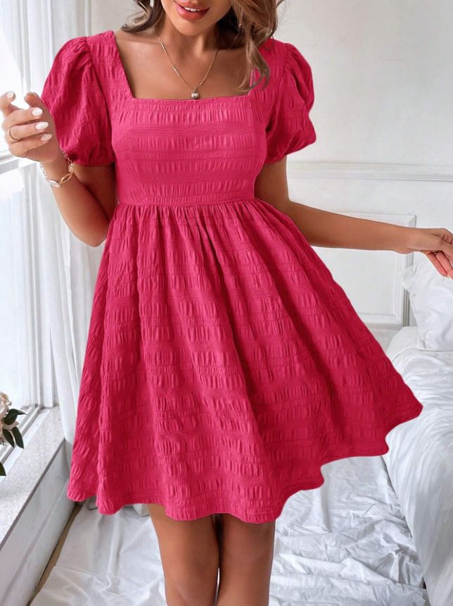 2025 Summer New Women's Square Neck Slimming Fashion Short Sleeve Dress_ecoleips.com