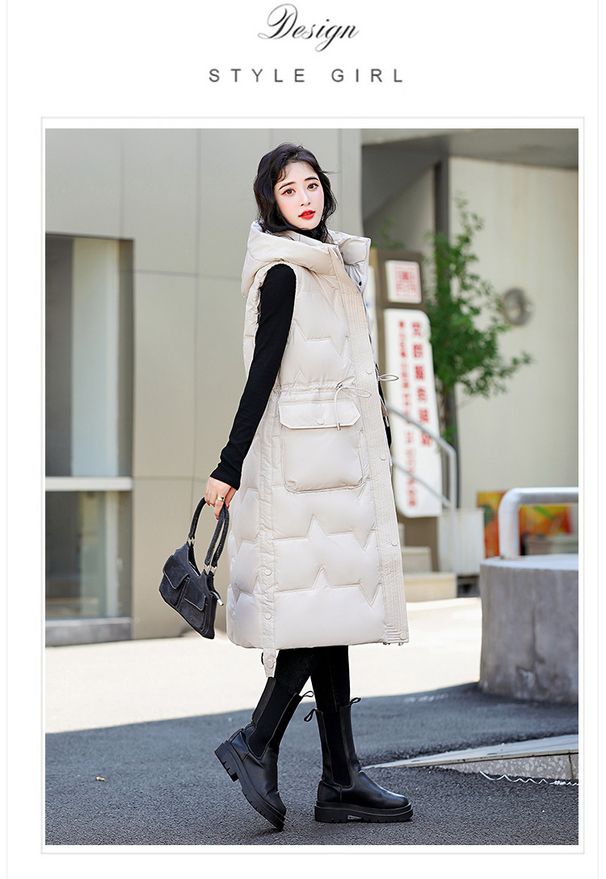 Oversized Hooded Puffer Vest – Knee-Length Winter Sleeveless Jacket For Women (Black/White/Bluish/Fog Blue, M-XXL)_ecoleips.com