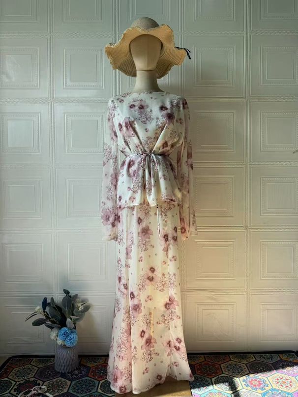 Modest Set Women's Clothing Long Sleeved Dress Fresh Summer Gentle Retro Design Polyester_ecoleips.com