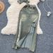 Women's Clothing Retro Washed Distressed Halter Neck Sleeveless Lapel Raw Edge Denim Top Slit Slim Skirt Two Piece Set_ecoleips.com