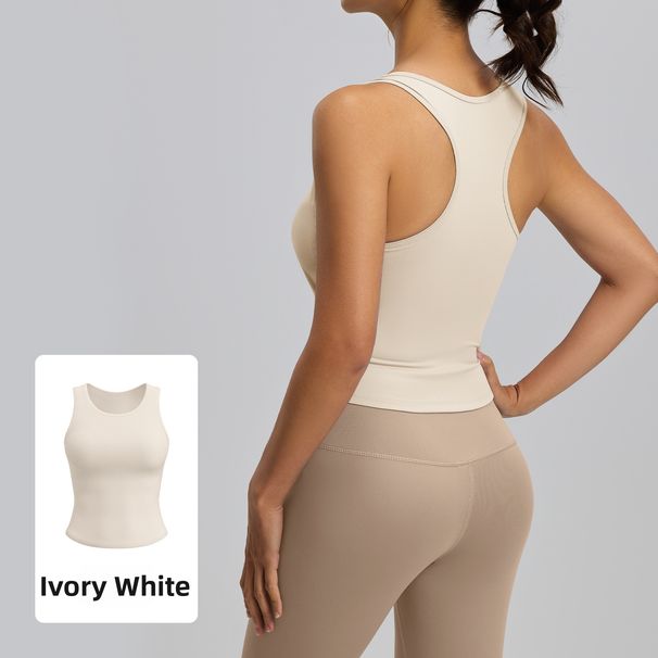Women's Peach Yoga Vest One Piece Fixed Round Neck Tight Fit Anti-Exposure Sports Vest_ecoleips.com