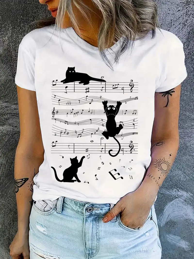 Fashion Funny Music Cat Design Print Short Sleeve Printed T Shirt Clothing Women's T-Shirt Clothing Women's Top Tee_ecoleips.com