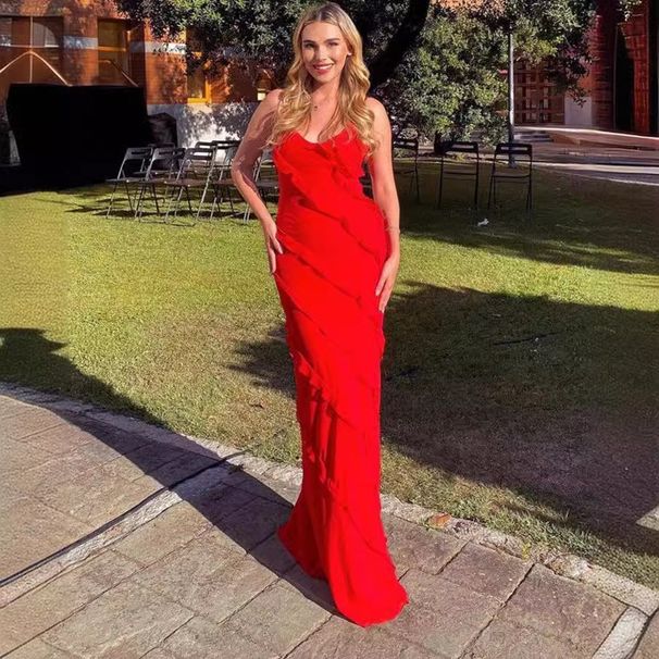 European And American Spring Summer Sexy Backless Strap U-Neck Off-Shoulder Wave Slim Fit Side Slit Long Dress_ecoleips.com