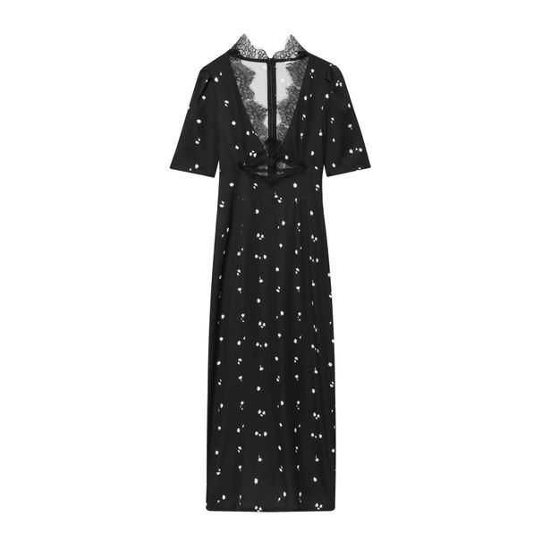 Waist Skinny Printed Dress Women's Sexy Lace Splicing V-Neck Dress Women_ecoleips.com