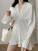 Fashion Women Blouses Solid Color V-neck Puff Sleeve Folds Girdle Waist Slim Pullover Shirts Button Up Designer Shirt Women L4SW_ecoleips.com