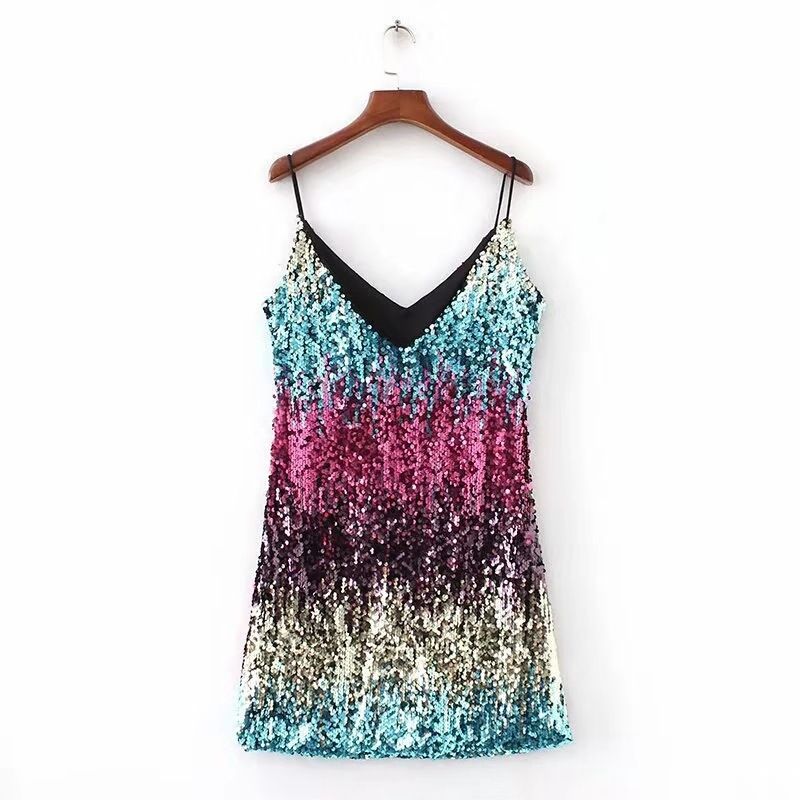 Women's Clothing Sequined Performance Dress Suspenders Sexy Slim Sequined Dress_ecoleips.com