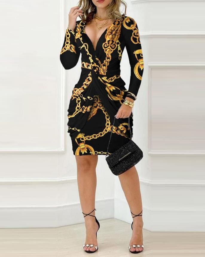 Women's Clothing Chain Printed Twisted Irregular Long Sleeved V Neck Hip Hugging Dress_ecoleips.com