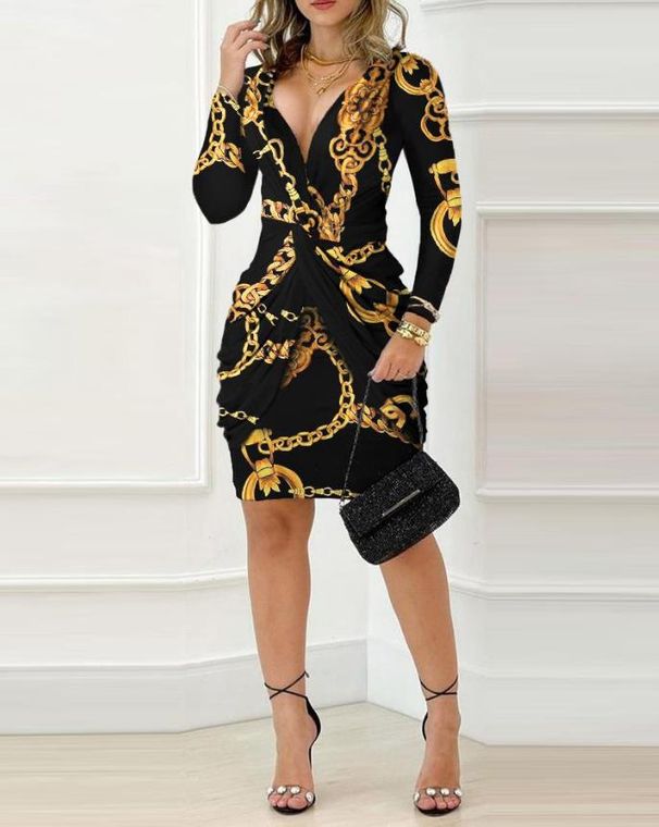 Women's Clothing Chain Printed Twisted Irregular Long Sleeved V Neck Hip Hugging Dress_ecoleips.com