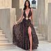 Women's Clothing Sexy Women's Halter Neck Deep V High Slit Slim Fit Dress Lace Long Sleeve For Formal & Casual For Women_ecoleips.com