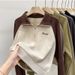 Real Shot Women's Thin Sweatshirt With A Polo Collar, Half-zip, Oversized, Loose Fit, And Color-blocking Design, Made Of_ecoleips.com