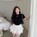 Plus Size Black T-Shirt Top And High Waist Slimming Cake Skirt Set For Slightly Chubby Girls_ecoleips.com