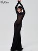 Hugcitar Mesh Black Long Sleeve Backless See Through Sheer Sexy Slim Bodycon Maxi Dress 2023 Summer Women Beach Nightclub Outfit_ecoleips.com
