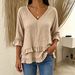 Women's V Neck Short Sleeve Shirt Spring/Summer Cotton Linen Loose Fit Solid Color American Style Top_ecoleips.com