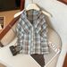 Sleeveless Collared Halter Neck Shirt, Summer Pleated Slim-fit Design, Stylish Top For Hot Girls, Vintage Plaid,_ecoleips.com