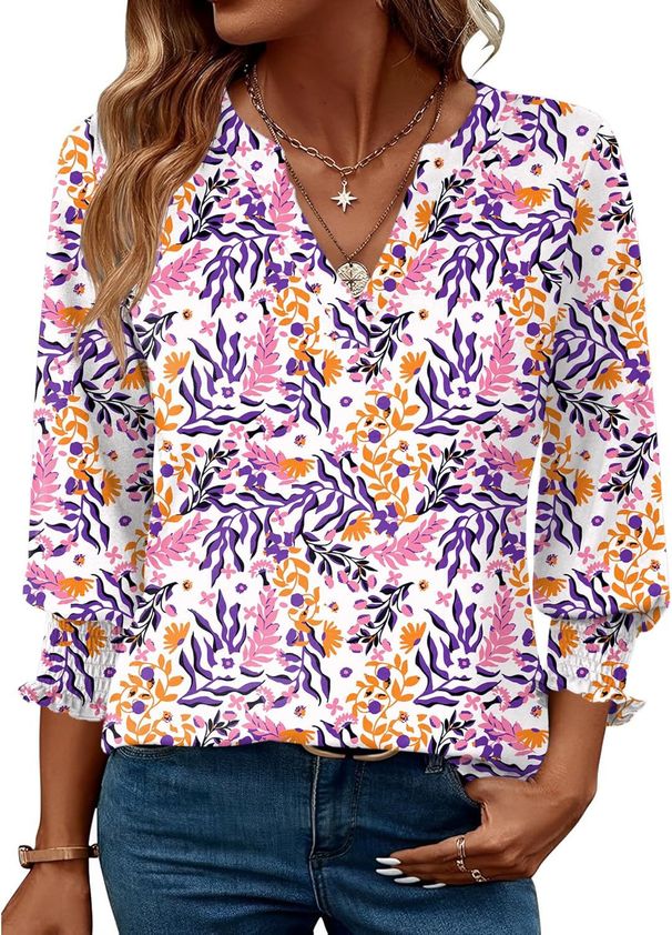Women's Clothing Loose Casual Printed Five Point Sleeve V Neck T Shirt Tops For Women_ecoleips.com