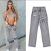 Women's High Waist Slim Straight Denim Trousers Floor Length With Ripped Leg Slits American Style Slightly Flared Trousers_ecoleips.com