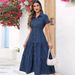 Women's Denim Collared Cardigan Slim Waist Long Dress Short Sleeved_ecoleips.com