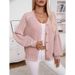 Solid-Color Button Knitted Cardigan For Autumn And Winter, Casual Loose Lantern Sleeve Sweater For Women_ecoleips.com