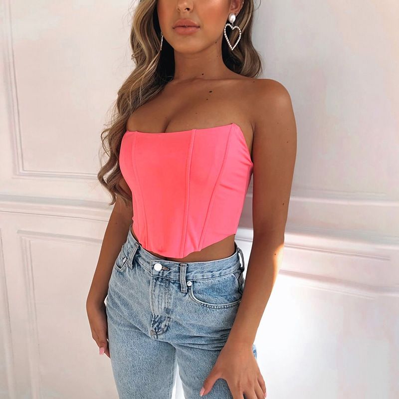 Women's Glossy Sequined Slim Fitting Top European American Style Backless Navel Baring Playful Sexy One Line Collar Curved Breast Wrapped_ecoleips.com