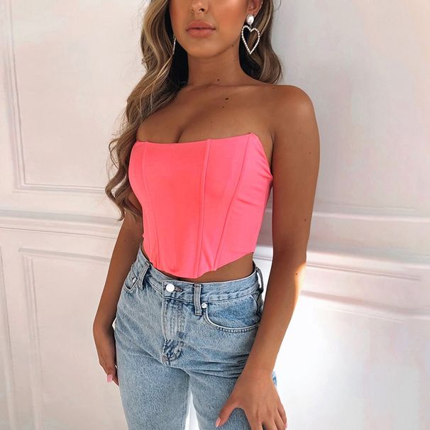 Women's Glossy Sequined Slim Fitting Top European American Style Backless Navel Baring Playful Sexy One Line Collar Curved Breast Wrapped_ecoleips.com