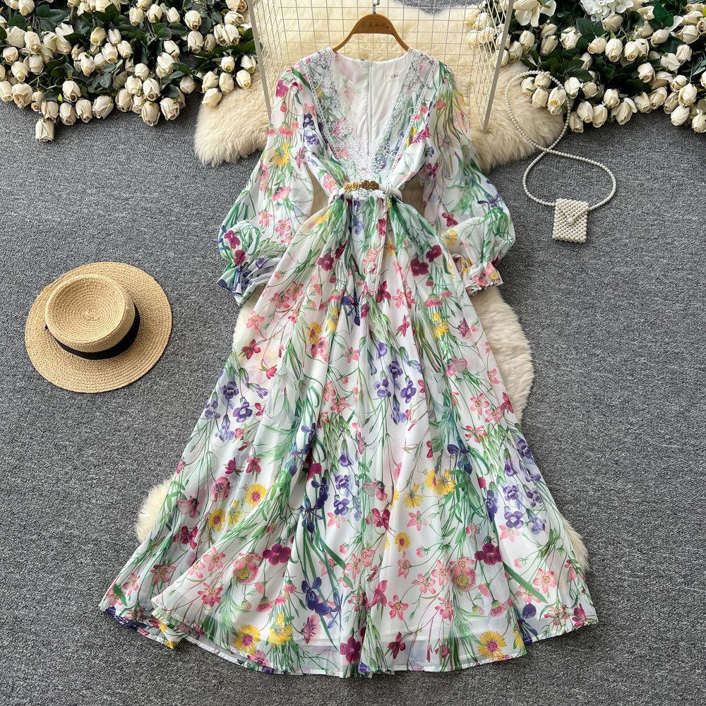 French Style, Sophisticated Floral Print Openwork Dress For Women, Spring/summer, V Neck, Lantern Sleeves, Fitted Waist, Slimming And Elegant Long Dress._ecoleips.com