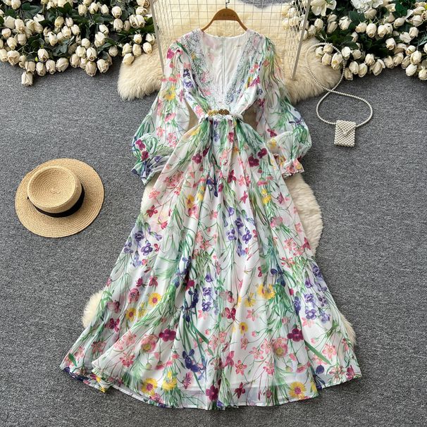 French Style, Sophisticated Floral Print Openwork Dress For Women, Spring/summer, V Neck, Lantern Sleeves, Fitted Waist, Slimming And Elegant Long Dress._ecoleips.com