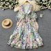 French Style, Sophisticated Floral Print Openwork Dress For Women, Spring/summer, V Neck, Lantern Sleeves, Fitted Waist, Slimming And Elegant Long Dress._ecoleips.com