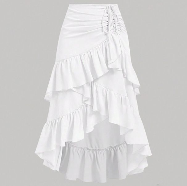Elegant High-Waisted Patchwork Skirt For Women Slimming Ruffle Hem Solid Color A-Line Mid-Calf Spring/Autumn Summer Skirt_ecoleips.com