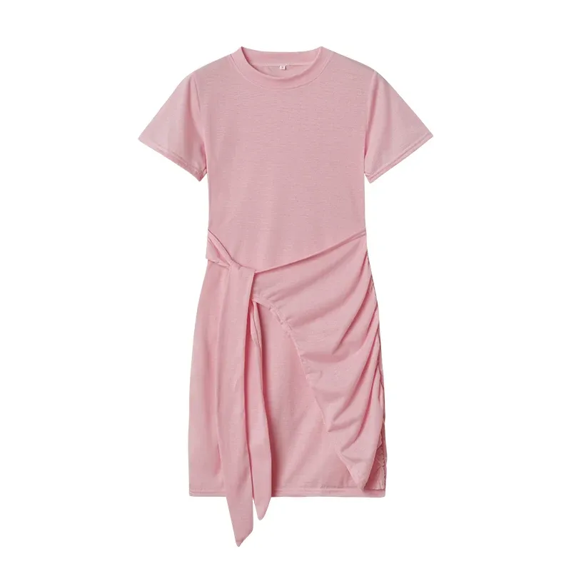 2026 Summer New Short-sleeved Round Neck Ruffle Bow Belt Irregular Dress_ecoleips.com