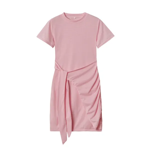 2026 Summer New Short-sleeved Round Neck Ruffle Bow Belt Irregular Dress_ecoleips.com