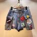 European Station 2025 Summer New Embroidered Letter Logo Patch High-Waisted Slimming Cargo Pocket Denim Shorts For Women_ecoleips.com