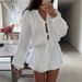 Women's Clothing Solid Color Lace Cardigan Round Neck Lantern Sleeve Top High Waist Dress_ecoleips.com