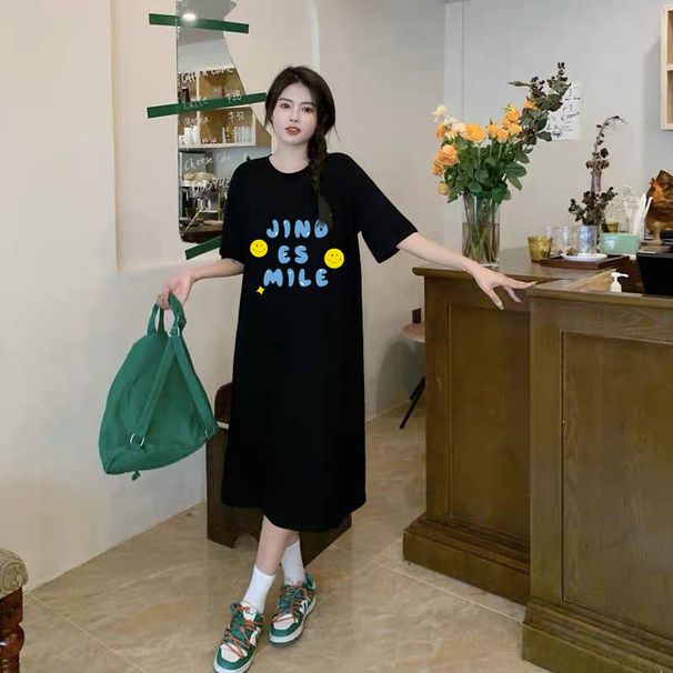 Summer New Korean Style Fashion Plus Size Women Split Printing T-shirt Long Dress Long Below The Knee Girls' Dress_ecoleips.com