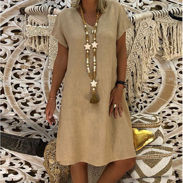 Summer Short Sleeve V Neck Printed Long Dress European American Style Fashion Versatile Womens Casual Wear Daily Dress_ecoleips.com